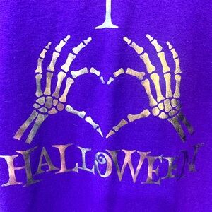 I Love Halloween Purple T-Shirt with Skeleton Hands